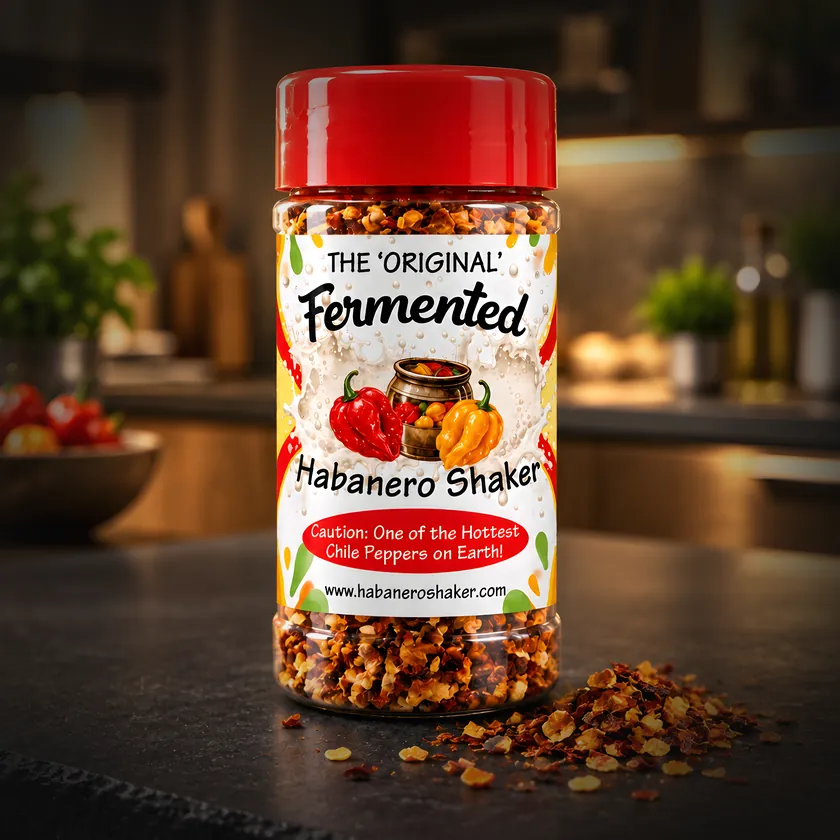 The Fermented Habanero Shaker bottle, brine-fermented then dried — coming soon